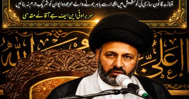 فرقہ وارانہ قوانین کا شوشہ وطنِ عزیز کو طالبانائزیشن کی جانب دھکیلنے کی سازش ہے۔ سربراہ تحریکِ نفاذِ فقہِ جعفریہ علامہ آغا سید حسین مقدسی